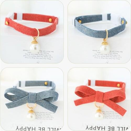 Pearl Cat Collar Breakaway with Bowtie & Pearl Pendant Safety Kitten Collar Light Weight Soft Durable for Pets and Small Dogs