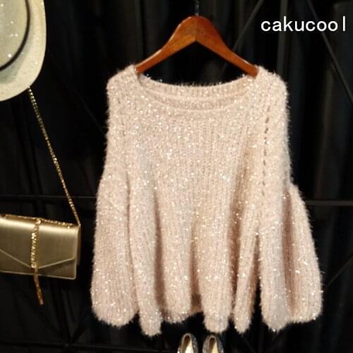 Cakucool Gold Lurex Knit Tops Women Long Lantern Sleeve Autumn Jumpers Furry Loose Thicken Knit Pulloer Sweater Jumper Women