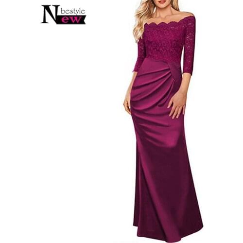 Elegant Women Lace Maxi Dress Off Shoulder Lace Sleeve Sexy Floor-length Prom Party Formal Dress Gown Dress Robe De Soiree Kleid