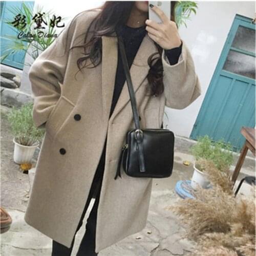 2020 New Wool Blend Coat Women Long Sleeve Collar Outwear Long Jacket Korean Autumn Winter Overcoat Woolen Coat Female Outerwear
