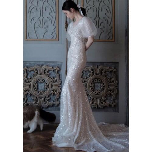 Mermaid Sweep Train Sequined Wedding Dress 2021 Elegant Simple V-Neck Puff Sleeve Bridal Gowns vestidos de mairee Wedding