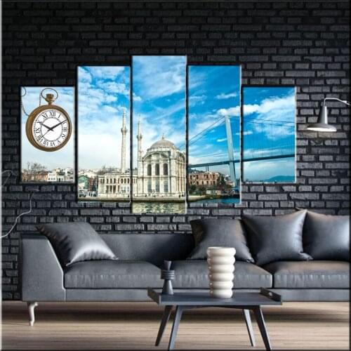 5 PCS With Clock Turkey Istanbul Landscape Ortakoy Mosque Painting Canvas Table 133X75 CM