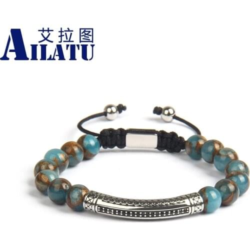 Ailatu Stainless Steel Tube Bar Macrame Logo Bracelets with 8mm Natural Cloisonne Stone Beads Mix Colors Couples Jewelry