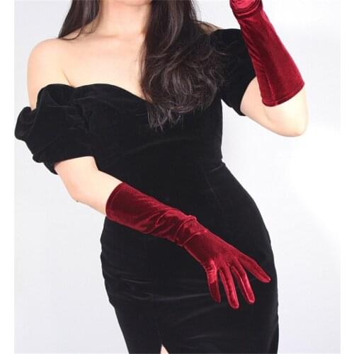 Velvet Gloves Ladies Medium Length Section 40cm Wine Red Crimson High Elastic Velvet Gold Velvet Touch Screen SRJH40