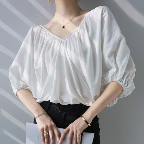 Elegant V-neck Lantern Sleeve Women Blouses Office Lady Fashion Lace-up Backless Chiffon Shirt Summer Female Loose Tops