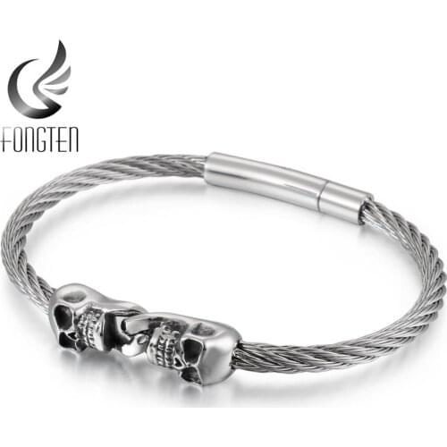 Fongten Skull Charm Bicycle Chain Biker Bangle Bracelet Stainless Steel Punk Bracelets Jewelry