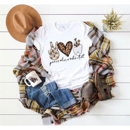 Dentist Harajuku Peace Love Dental Christmas Print T shirt Women Casual Cotton O-neck White Shirt Female Clothes Vogue Tops