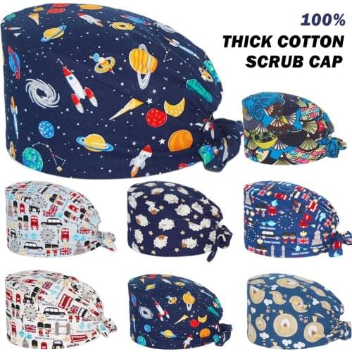 Surgicals Cap Buttons 100% Cotton Anime Print Scrubs Uniform Beauty Salon Pet Shop Nurse Working Accessories Caps Scrub Women