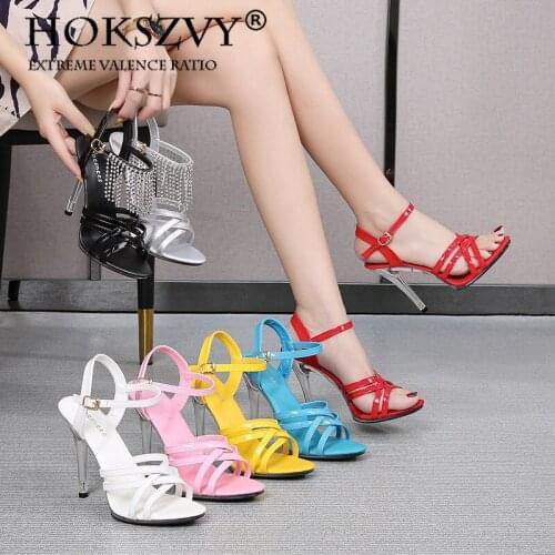 HOKSZVY Super High Heels Sexy Nightclub Transparent Sandals Patent Leather Cross With Fish Mouth Large Size Womens Shoes LFD