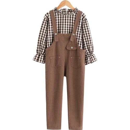 Girls Autumn Clothing Sets New Style Big Boy Long Sleeve Shirt +Suspender Pants Fashion Western Style Two-Piece Set 4-12 Ages