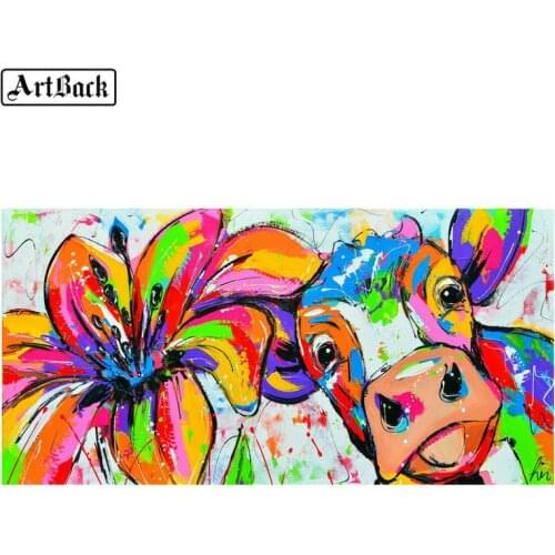 Colorful animal cartoon 5d diy diamond painting watercolor cow flower full square / round drill diamond embroidery 3d artwork