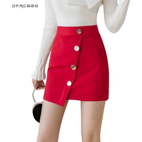 Irregular Women Mini Skirts With Button Summer 2020 High Waist Ladies Work Formal Stretch Short Skirt Femme Saia
