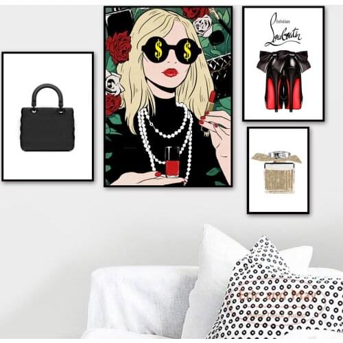Fashion Glasses Girl Handbag High Heels Posters And Prints Canvas Painting Pictures On The Wall Nordic Decoration Home Decor