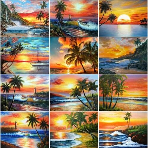 MomoArt Diamond Mosaic Sunset Picture Of Rhinestone Diamond Embroidery Coconut Tree Cross Stitch Art Painting Seaside Handicraft