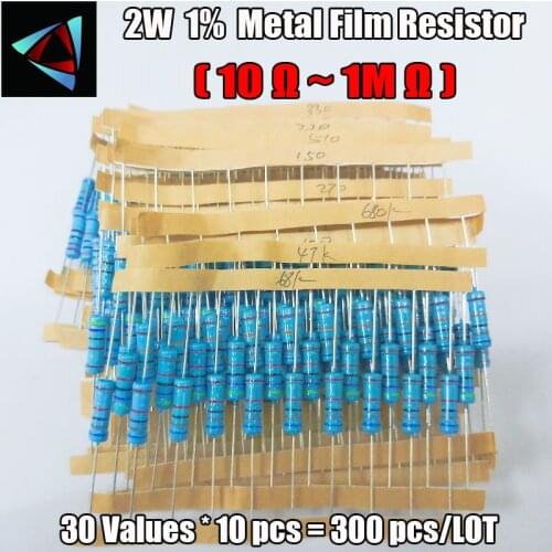 Total 300pcs 1% 2W 10R ~1M Ohm 30Values*10pcs=300pcs Metal Film Resistor Assorted Kit