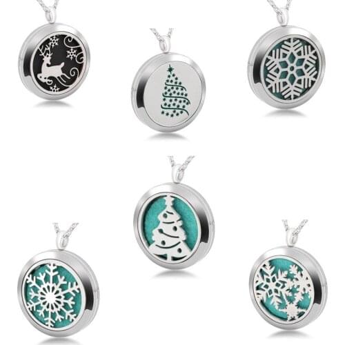 Charm 4 Christmas Styles 316L Stainless Steel Pendant Essential Oil Diffuser Necklace Perfume Locket Jewelry For Christmas Gift