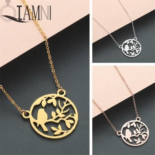 QIAMNI Novelty Leaves Animal Bird Pendant Necklace Round Circle Necklace Collars Jewelry Souvenir Lovers Charm Birthday Gift