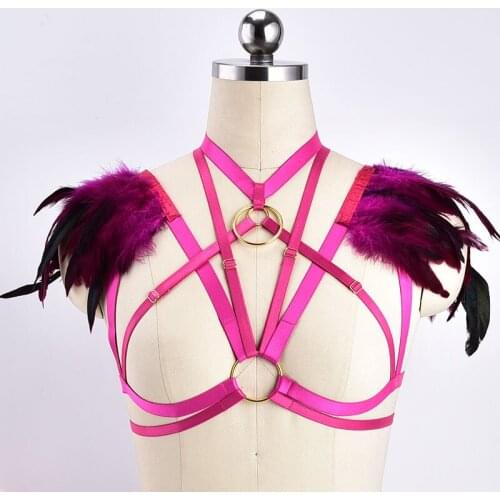 Multicolor festival feather epaulettes Teal shrug Tribal collar Black cape Feather skirt Body harness Tops Bondage wings Harness