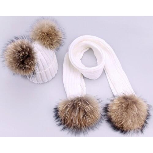 Women Kid Baby Baby Gril Autumn Winter Pompon Hat Cap Scarf Set Nature Real Fur Pom Pom Beanies Hats Knitted Solid Caps Scarves