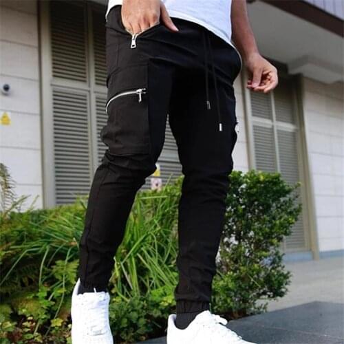 Mens Zipper Design Sportswear Jogger Sweatpants Track Pants Men Slim Fit Workout Trousers Male Multi-pocket
