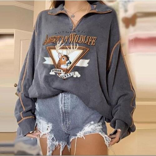 2021 Autumn New GirlsAnimal Deer Letter Print Sweatshirt Women Vintage Polo Collar Casual Oversized Warm Fleece Winter Pullover
