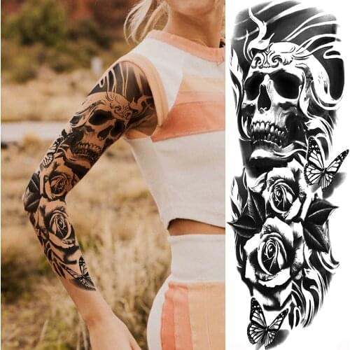 Devil Skeleton King Flower Temporary Tattoos For Men Women Body Art Full Arm Sleeve Custom Tatoo Waterproof Fake Tattoo Stickers