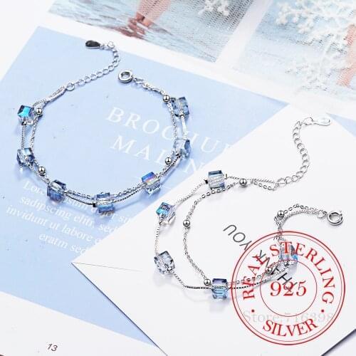 Simple Double Layer Square Candy Synthetic Crystal Charm Bracelet Pulseira For Women 925 Sterling Silver Hand Jewelry Party Gift