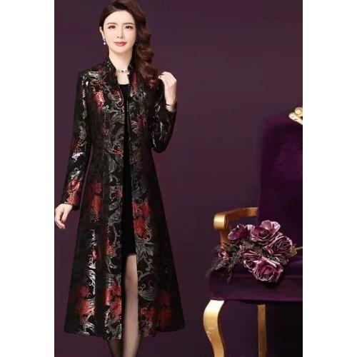 Winter Fall Vintage Womens Red Golden Glitter Floral Printed Black Long Trench Coat , Overcoat for Women , Woman 4xl Coats