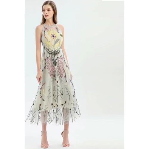 2021 Long Dress Spring Summer Dress Crew Neck Sleeveless Embroidery Mesh Fashion Womens Clothes