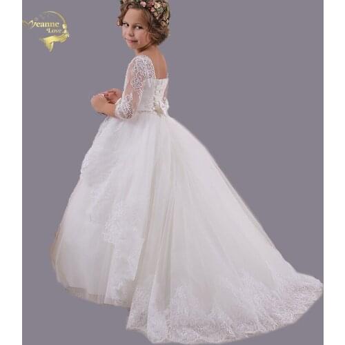 2020 Flower Girls Dresses Beaded Neckline Bow Trailing Half Sleeves First Communion Dress for Girls Baby Evening Princess Dress