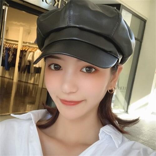 Beret Hats Women Solid Black PU Leather Newsgirl Caps Winter Women Hat Autumn Painter Vintage Octagonal Hats Gorras Para Mujer