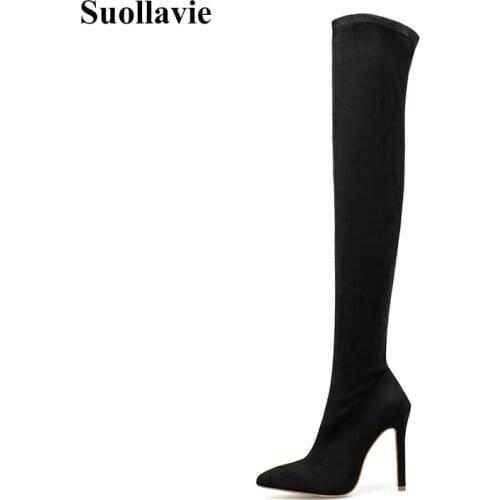 Botas Mujer туфли женские Sexy Shoes Boots Fashion High Thin Heels Over The Knee Boots Pointed Toe Stilettos Sexy Black Boots