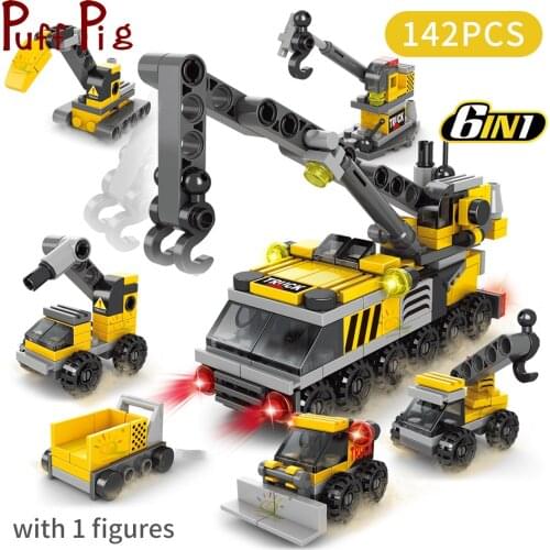 142Pcs 6in1 Building Blocks Construction Team Truck Crane Figures Bricks Toys for Kids Gifts for Children