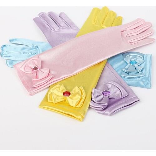 Long Princess Dance Stage Gloves Satin Kids Girls Wedding Dress Costume Accessories with Bow Children 's Day Birthday Xmas Gifts