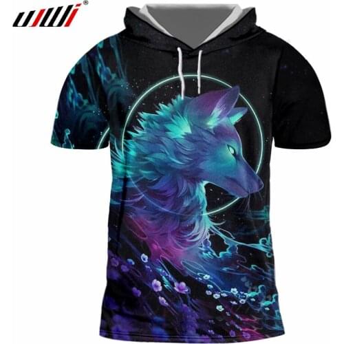 UJWI Summer Top Men Casual Tshirt Funny Print Galaxy Space Wolf 3d Cap T-shirts Man Bodybuilding Fitness Short Sleeve Hoody