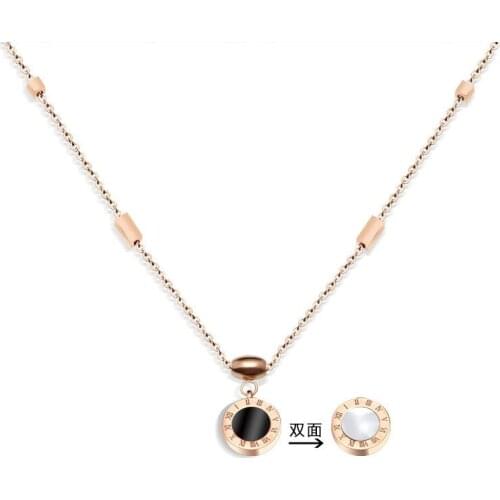 Hot Sale Black White Shell Roman Numerals Round Gold Color / Rose Gold Color / Silver Color Stainless Steel Necklace