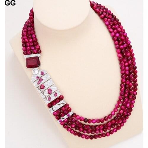 GuaiGuai Jewelry 20" Round Red 6mm Fuchsia Tigers Eye Necklace CZ Pave Pendant