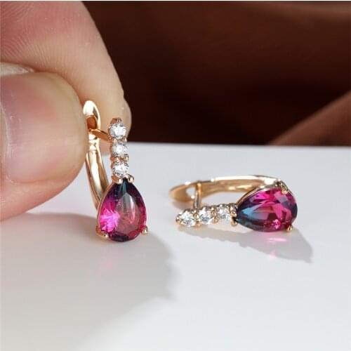 Dainty Multicolor Zircon Hoop Earrings Purple Crystal Water Drop Stone Earrings Boho Gold Color Bride Wedding Earrings For Women