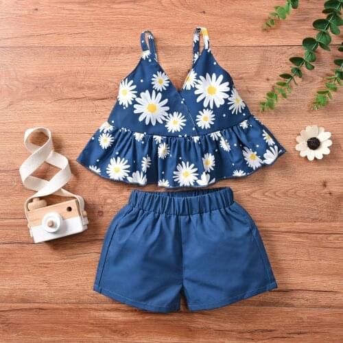 Summer Sweet Casual Baby Girls Two Piece Set Fashion Flower Suspender V-neck Tops Solid Color Elastic Waist Short Pants