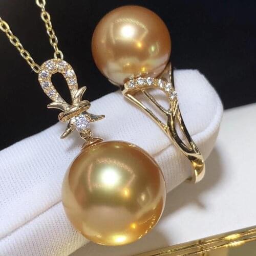 D419 Pearl Set Fine Jewelry Solid 18K Gold Round 10-13mm Natural Ocean Sea Water Golden Pearls Jewelry Sets for Women
