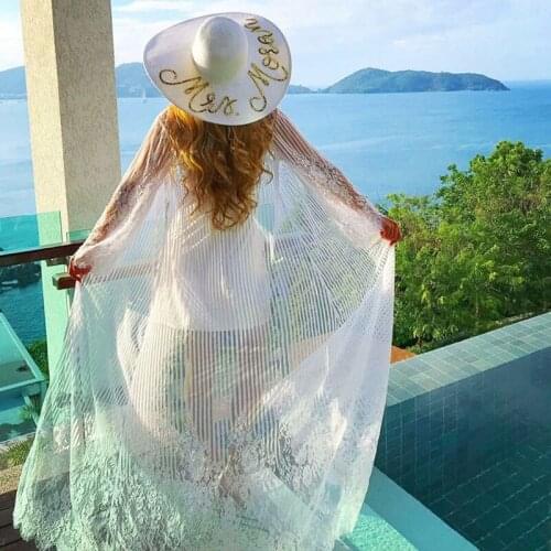 2019 Elegant Lace Beach Lace Chiffon Bikini Beach Sunscreen shirt Wrap Dress Sexy Perspective Long Sleeve Front Open Womens Sum