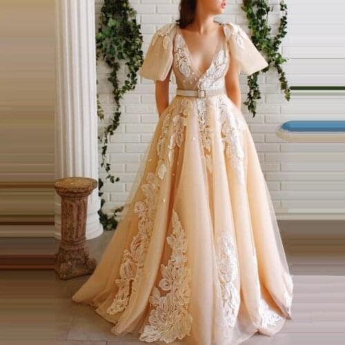 2020 Illusion Champagne Evening Dresses Lace Appliques Deep V-Neck Short Sleeves A-line For Party And Special Occassion Wear