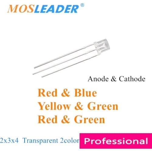 Mosleader 1000pcs 234 LED 2*3*4 3P led 2 Color Diffused Red and Blue Red and green Long pins Cathode Anode
