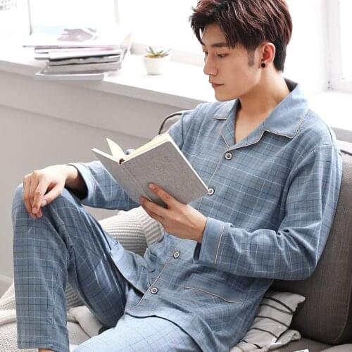 2Piece/Set Plus Size Pure Cotton Mens Pajamas Elegant Male Casual Homewear Autumn Winter Plaid Comfortable Loose Sleepwear Suit