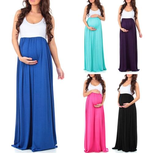 New Elegant Maternity Dresses Solid Color Round Neck Sleeveless Stitching Long Dresses Summer Maxi Dress Vestidos Nursing Dress