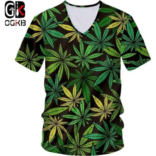 OGKB Maple Leaf V-neck T Shirts Men Tshirt Man Green Leaf 3D Print Streetwear Weed Plant Clothes Plus Size Harajuku Clothing