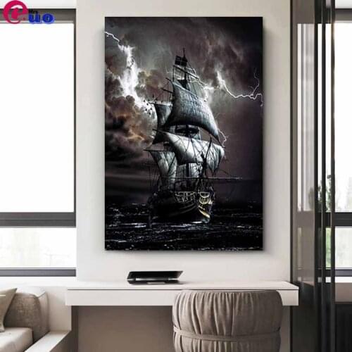 Pirate Ship Diamond Painting Full Round/Square Diamond Embroidery "Black Sailing Ship" Mosaic Rhinestone Embroidery Home Decor