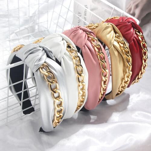 Flatfoosie Bohemian PU Leather Knotted Headband for Women Wide Side Headband Gold Color Chain Headwear Casual Hair Accessories