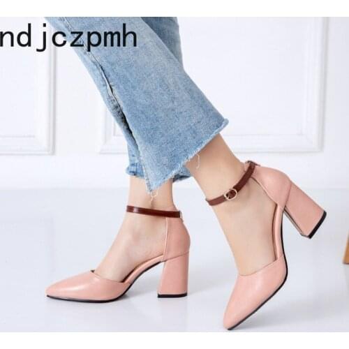 Pumps Spring and Autumn The New Lady Fashion Pointed Shallow Mouth Buckle Color Matching High Heel Women Shoes Plus Size 32-46