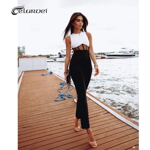 High Quality Black White Patchwork Sleeveless Rayon Bandage Jumpsuit Sexy Evening Club Party Jumpsuit